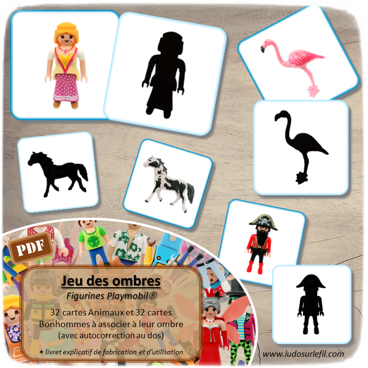 Jeu des ombres - Figurines Playmobil - Bonhommes et animaux - jeu à imprimer ou imprimé - atelier autocorrectif maternelle ou cycle 2 - vocabulaire et lexique - discrimination visuelle - lslf