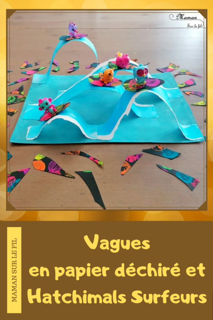 Activité créative et manuelle enfants - Mer, océan et vagues en 3D en papier déchiré et peint à l'encre - Surfs noirs en peinture fluo au bouchon - vagues et surfeurs Hatchimals - Découpage collage - Océan et barrière de corail - Peinture - Créativité - Océanie et Australie - Découverte d'un pays - Espace et géographie - arts visuels et atelier maternelle, Cycle 1, 2 et 3 - Eté - mslf