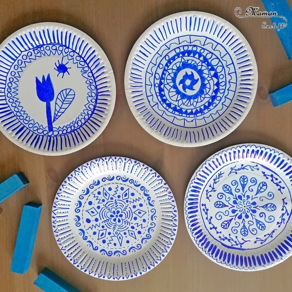 Activité créative et manuelle enfants - Assiettes en carton décorées à la manière des faïences de Delft - Décorer en récup' - Bleu de Delft néerlandais - Hollande, Pays-Bas - Dessin et mandalas - Créativité - Europe - Pays-Bas, Hollande, Néerlandais -Découverte d'un pays - Espace et géographie - arts visuels et atelier Cycle 1, 2 ou 3 - Maternelle et élémentaire - mslf