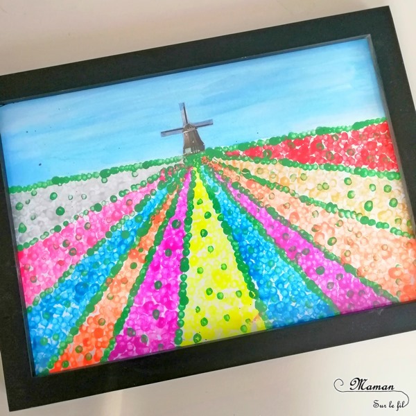 Activité créative et manuelle enfants - Champ de tulipes hollandais peint au coton-tige - Pointillisme, peinture et moulin - Champ de fleurs - Parfait pour le printemps - technique rigolote - Bricolage - Créativité - Europe - Pays-Bas, Hollande, Néerlandais - Découverte d'un pays - Espace et géographie - arts visuels et atelier Cycle 1 ou 2 - Maternelle - mslf