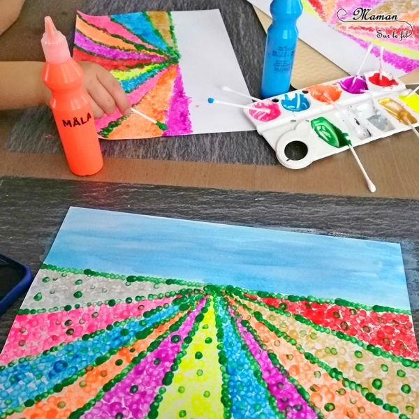 Activité créative et manuelle enfants - Champ de tulipes hollandais peint au coton-tige - Pointillisme, peinture et moulin - Champ de fleurs - Parfait pour le printemps - technique rigolote - Bricolage - Créativité - Europe - Pays-Bas, Hollande, Néerlandais - Découverte d'un pays - Espace et géographie - arts visuels et atelier Cycle 1 ou 2 - Maternelle - mslf