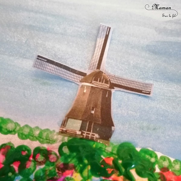 Activité créative et manuelle enfants - Champ de tulipes hollandais peint au coton-tige - Pointillisme, peinture et moulin - Champ de fleurs - Parfait pour le printemps - technique rigolote - Bricolage - Créativité - Europe - Pays-Bas, Hollande, Néerlandais - Découverte d'un pays - Espace et géographie - arts visuels et atelier Cycle 1 ou 2 - Maternelle - mslf