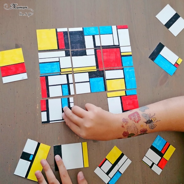 Activité créative et manuelle enfants - Puzzle DIY à la façon de Piet Mondrian - Jeu Fait Maison - A la manière de - Coloriage et Géométrie - Perpendiculaires et parallèles - Travail sur les couleurs primaires - Découverte d'un artiste - Utilisation de la règle - Logique et observation - Arts visuels maternelle ou cycle 2 et 3 - mslf