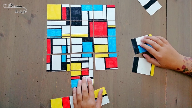 Activité créative et manuelle enfants - Puzzle DIY à la façon de Piet Mondrian - Jeu Fait Maison - A la manière de - Coloriage et Géométrie - Perpendiculaires et parallèles - Travail sur les couleurs primaires - Découverte d'un artiste - Utilisation de la règle - Logique et observation - Arts visuels maternelle ou cycle 2 et 3 - mslf