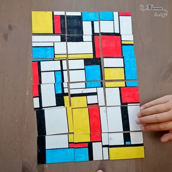 Activité créative et manuelle enfants - Puzzle DIY à la façon de Piet Mondrian - Jeu Fait Maison - A la manière de - Coloriage et Géométrie - Perpendiculaires et parallèles - Travail sur les couleurs primaires - Découverte d'un artiste - Utilisation de la règle - Logique et observation - Arts visuels maternelle ou cycle 2 et 3 - mslf