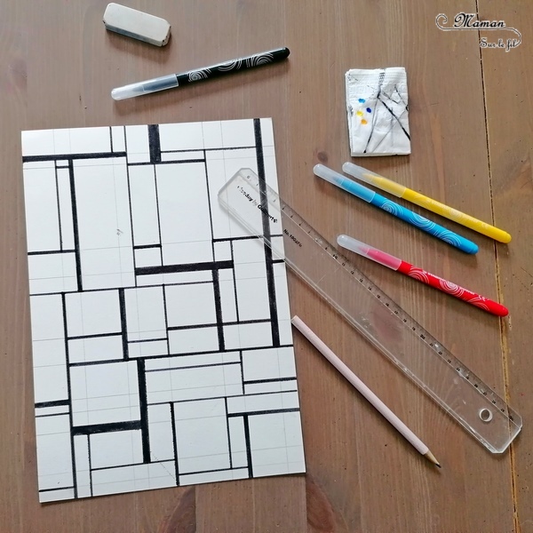 Activité créative et manuelle enfants - Puzzle DIY à la façon de Piet Mondrian - Jeu Fait Maison - A la manière de - Coloriage et Géométrie - Perpendiculaires et parallèles - Travail sur les couleurs primaires - Découverte d'un artiste - Utilisation de la règle - Logique et observation - Arts visuels maternelle ou cycle 2 et 3 - mslf