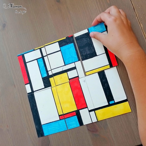 Activité créative et manuelle enfants - Puzzle DIY à la façon de Piet Mondrian - Jeu Fait Maison - A la manière de - Coloriage et Géométrie - Perpendiculaires et parallèles - Travail sur les couleurs primaires - Découverte d'un artiste - Utilisation de la règle - Logique et observation - Arts visuels maternelle ou cycle 2 et 3 - mslf