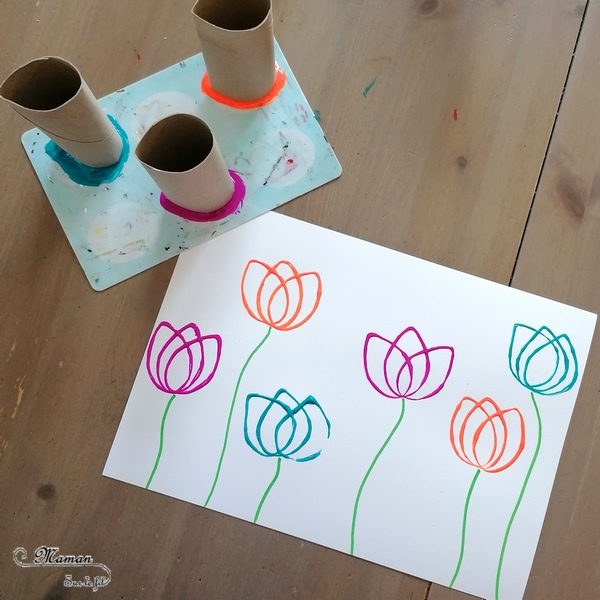 Activité créative et manuelle enfants - Peindre et dessiner des tulipes avec des rouleaux de papier toilette et des crayons de couleur - PQ - Récup, recyclage, peinture et dessin - Champ de tulipes, de fleurs - Parfait pour le printemps - technique rigolote - Paysage - Créativité - Europe - Pays-Bas, Hollande, Néerlandais - Découverte d'un pays - Espace et géographie - arts visuels et atelier Cycle 1 ou 2 - Maternelle - mslf