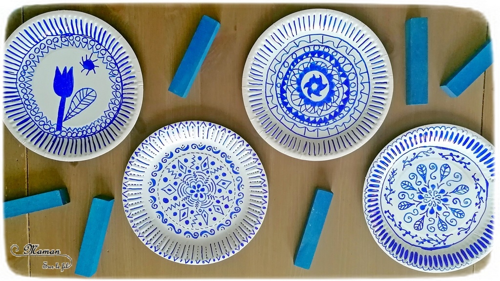 Activité créative et manuelle enfants - Assiettes en carton décorées à la manière des faïences de Delft - Décorer en récup' - Bleu de Delft néerlandais - Hollande, Pays-Bas - Dessin et mandalas - Créativité - Europe - Pays-Bas, Hollande, Néerlandais -Découverte d'un pays - Espace et géographie - arts visuels et atelier Cycle 1, 2 ou 3 - Maternelle et élémentaire - mslf