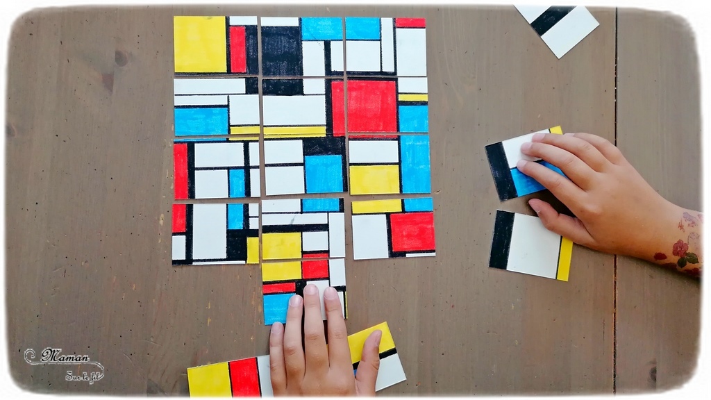 Activité créative et manuelle enfants - Puzzle DIY à la façon de Piet Mondrian - Jeu Fait Maison - A la manière de - Coloriage et Géométrie - Perpendiculaires et parallèles - Travail sur les couleurs primaires - Découverte d'un artiste - Utilisation de la règle - Logique et observation - Arts visuels maternelle ou cycle 2 et 3 - mslf