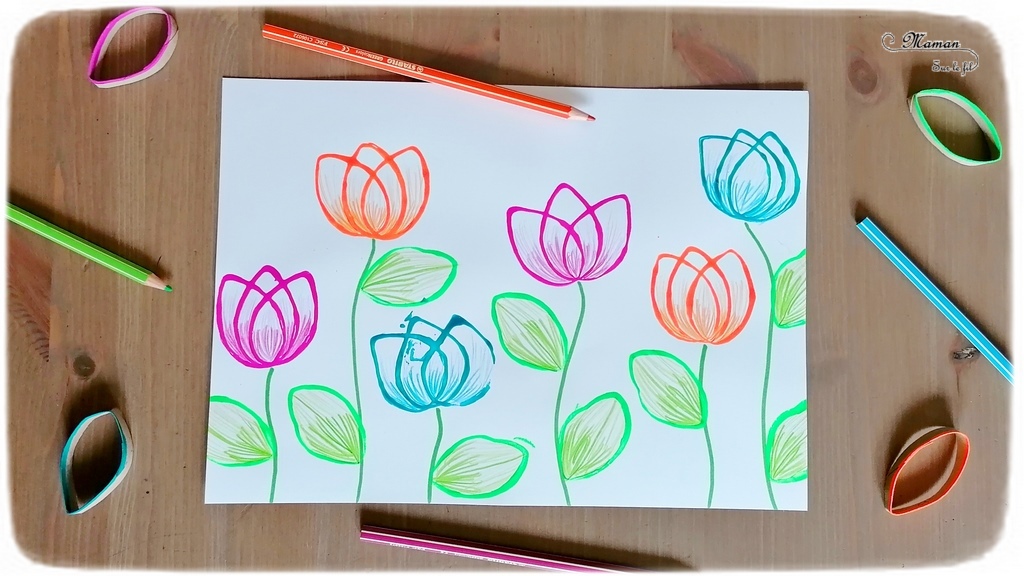 Activité créative et manuelle enfants - Peindre et dessiner des tulipes avec des rouleaux de papier toilette et des crayons de couleur - PQ - Récup, recyclage, peinture et dessin - Champ de tulipes, de fleurs - Parfait pour le printemps - technique rigolote - Paysage - Créativité - Europe - Pays-Bas, Hollande, Néerlandais - Découverte d'un pays - Espace et géographie - arts visuels et atelier Cycle 1 ou 2 - Maternelle - mslf