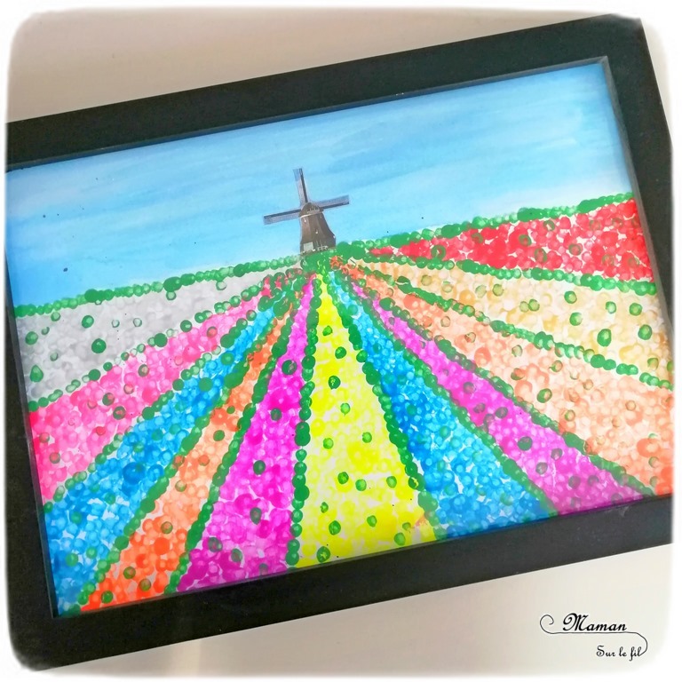 Activité créative et manuelle enfants - Champ de tulipes hollandais peint au coton-tige - Pointillisme, peinture et moulin - Champ de fleurs - Parfait pour le printemps - technique rigolote - Bricolage - Créativité - Europe - Pays-Bas, Hollande, Néerlandais - Découverte d'un pays - Espace et géographie - arts visuels et atelier Cycle 1 ou 2 - Maternelle - mslf