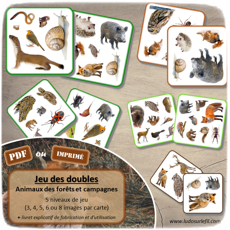 Jeu des doubles - Animaux des forêts et campagnes - Bois, prairies, champs, jardins - Mammifères, oiseaux, insectes... - Automne - 5 niveaux progressifs (3 4 5 6 ou 8 images) - Dobble - jeu pour travailler la discrimination visuelle, la rapidité l'observation et le lexique / vocabulaire - Document PDF à télécharger et à imprimer ou jeu imprimé - lslf