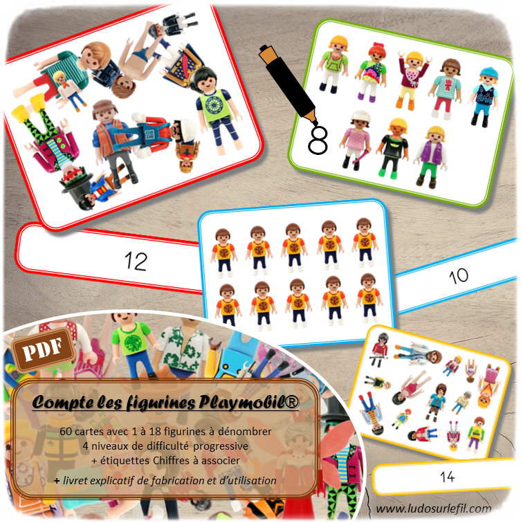 Jeu de dénombrement figurines Playmobil - 60 cartes de 4 niveaux de difficulté progressive - Combien de figurines - jeu mathématiques -  Atelier autocorrectif maternelle ou élémentaire - Jeu à télécharger et à imprimer ou jeu imprimé - Format PDF - lslf