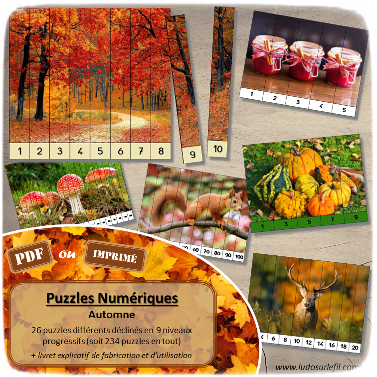 Jeu Puzzles numériques - Automne - 26 puzzles en 9 niveaux progressifs - Suite numérique de 1 à 20 - Comptage de 2 en 2 - Chiffres pairs et impairs - Comptage de 10 en 10 - Connaissance Chiffres et Dizaines - Mathématiques - Comptine numérique - Animaux forêt, fruits et légumes, paysages, champignons - Atelier autonome maternelle et élémentaire - PDF à télécharger et imprimer ou jeu imprimé - cycles 1 ou 2 - lslf