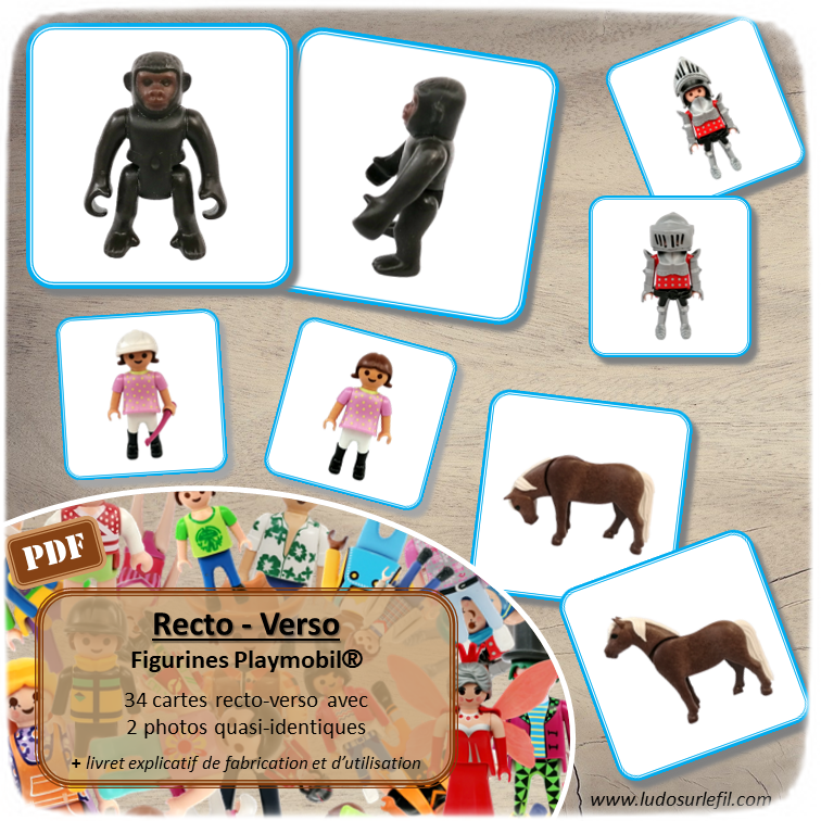 Jeu de recto-verso figurines Playmobil - 34 cartes recto-verso avec juste un détail qui change - jeu de société d'observation, de mémoire et de rapidité - Discrimination visuelle Atelier maternelle ou élémentaire - Jeu à télécharger et à imprimer ou jeu imprimé - Format PDF - lslf