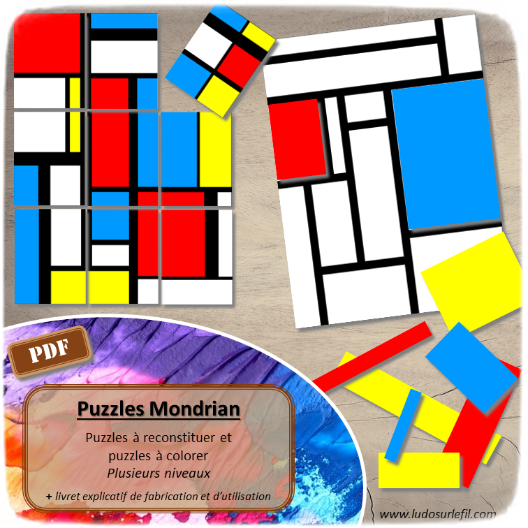 Puzzles à la façon de Piet Mondrian - reconstitue le tableau ou colore-le - plusieurs niveaux de difficulté - Logique et discrimination visuelle, jeu d'association - Atelier maternelle et élémentaire - Jeu à télécharger et à imprimer - Format PDF - lslf