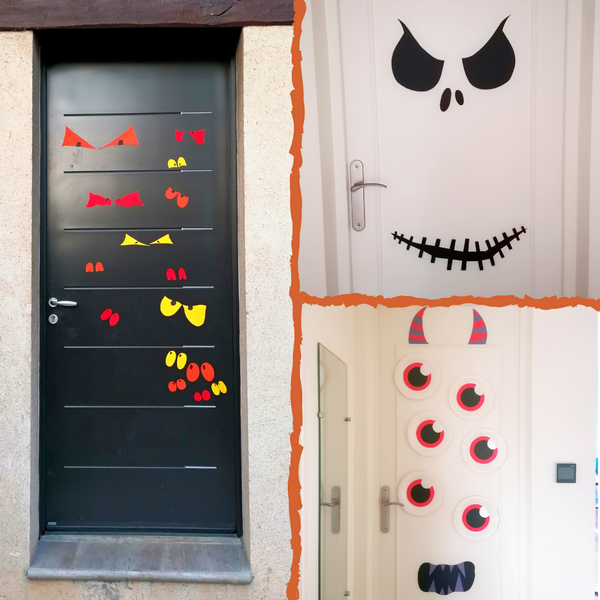 Activité créative et manuelle enfants - Décorer les portes pour Halloween - Squelette, Monstre et Yeux dans la nuit - Peur - Décoration Halloween - pour classe ou maison - Récup' de chutes de papier et assiettes en carton - Arts visuels Maternelle ou élémentaire - Cycles 1, 2 ou 3 - mslf