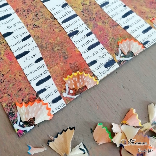 Activité créative et manuelle enfants - Forêt d'automne en peinture à l'éponge - Bouleaux avec un vieux livre - hérissons avec des taillures de crayons - Découpage et collage - Dessin et graphisme - Automne et animaux de la forêt - Epluchures, copaux, tailles de crayons de couleurs - Créativité - arts visuels et atelier maternelle et Cycle 1, 2 et 3 - Récup' et recyclage - mslf