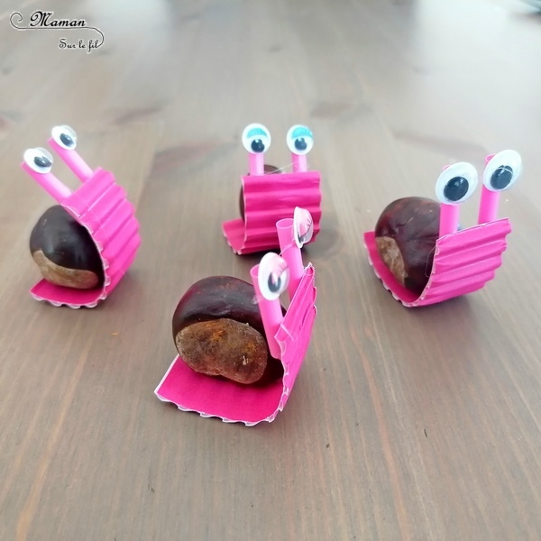 Activité créative et manuelle enfants - Nos petits escargots en marron et récup' - Land Art d'automne pour utiliser nos trésors de saison - Bricolage avec carton ondulé, yeux mobiles et pailles - Girly - Arts visuels et créativité maternelle et Cycle 2 - mslf