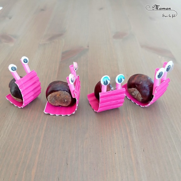 Activité créative et manuelle enfants - Nos petits escargots en marron et récup' - Land Art d'automne pour utiliser nos trésors de saison - Bricolage avec carton ondulé, yeux mobiles et pailles - Girly - Arts visuels et créativité maternelle et Cycle 2 - mslf