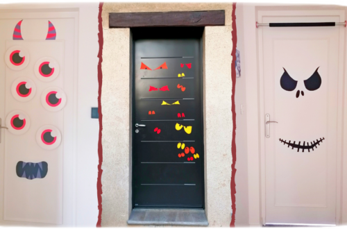 Activité créative et manuelle enfants - Décorer les portes pour Halloween - Squelette, Monstre et Yeux dans la nuit - Peur - Décoration Halloween - pour classe ou maison - Récup' de chutes de papier et assiettes en carton - Arts visuels Maternelle ou élémentaire - Cycles 1, 2 ou 3 - mslf