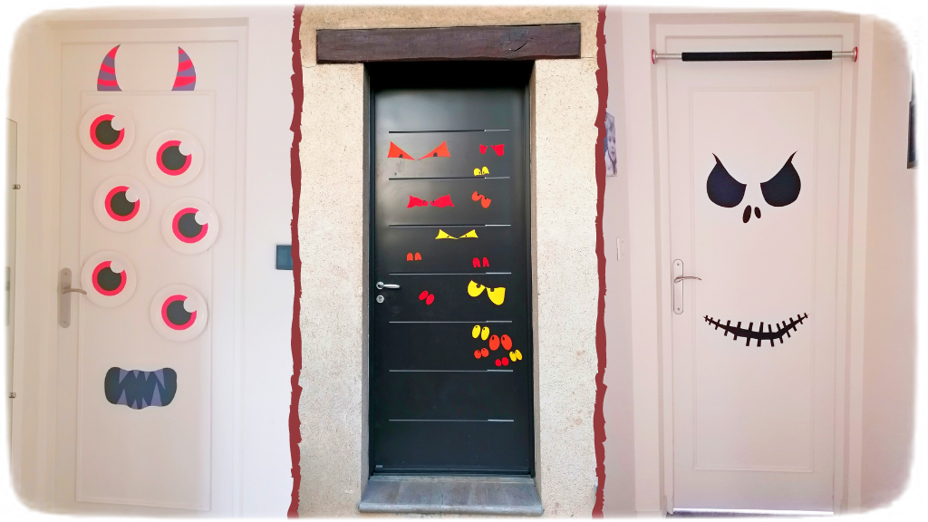 Activité créative et manuelle enfants - Décorer les portes pour Halloween - Squelette, Monstre et Yeux dans la nuit - Peur - Décoration Halloween - pour classe ou maison - Récup' de chutes de papier et assiettes en carton - Arts visuels Maternelle ou élémentaire - Cycles 1, 2 ou 3 - mslf