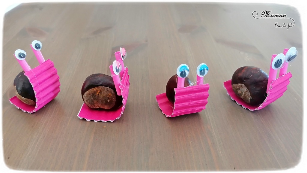 Activité créative et manuelle enfants - Nos petits escargots en marron et récup' - Land Art d'automne pour utiliser nos trésors de saison - Bricolage avec carton ondulé, yeux mobiles et pailles - Girly - Arts visuels et créativité maternelle et Cycle 2 - mslf