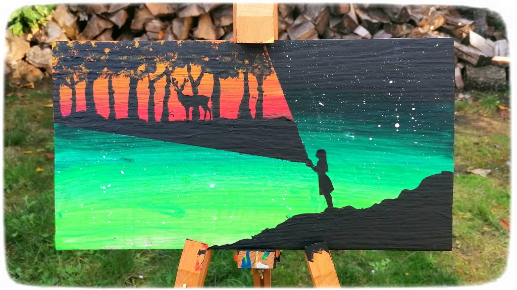 Activité créative et manuelle enfants - activité autonome de ma fille de 11 ans - Peinture sur carrelage - Dégradés de couleur pour le le ciel façon aurore boréale et la forêt et noir pour les détails - Jeu de contraste - Petite fille, lampe magique et forêt - Animaux, cerfs - Technique au couteau puis pinceau - Poésie, imaginaire - Arts visuels cycle 3 - peinture - Couleurs chaudes - Thème Automne - Découverte d'une technique artistique - Créativité - mslf