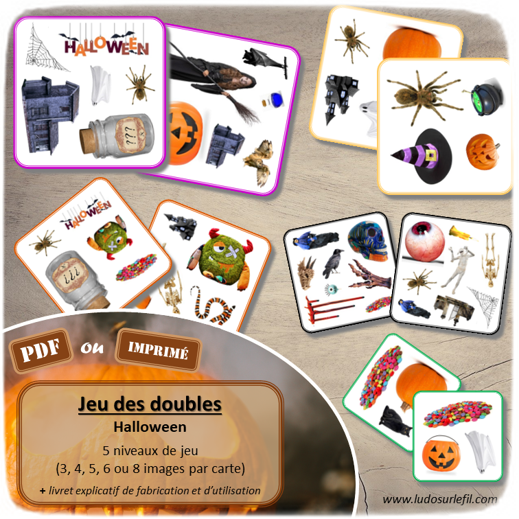 Jeu des doubles - Halloween - Déguisement, bonbons, citrouilles, animaux effrayants... - fête de la peur - 5 niveaux progressifs (3 4 5 6 ou 8 images) - Dobble - jeu pour travailler la discrimination visuelle, la rapidité l'observation et le lexique / vocabulaire autour d'Halloween - Document PDF à télécharger et à imprimer ou jeu imprimé - lslf