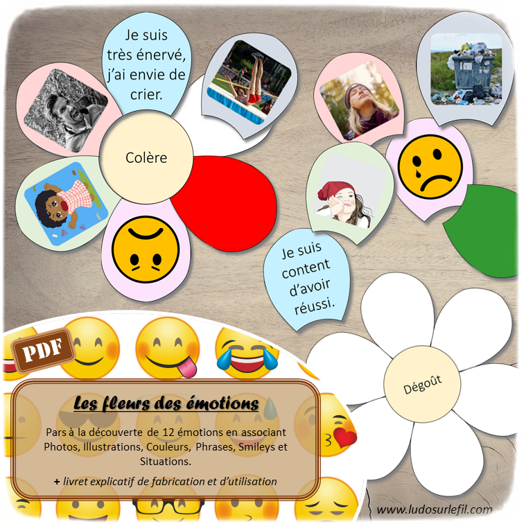 Les fleurs des émotions - Jeu d'association pour aborder les émotions avec les enfants - Reconstitue les fleurs en associant émotion, photo, illustration, couleur, phrase description de l'émotion, smiley et situations ou objets - Thème printemps - Support au dialogue, au langage oral, à l'explicitation, au vocabulaire - Document PDF à imprimer Gratuit - Préscolaire, maternelle et élémentaire - 12 émotions - atelier - Cycle 1 ou 2 - à télécharger et à imprimer - lslf