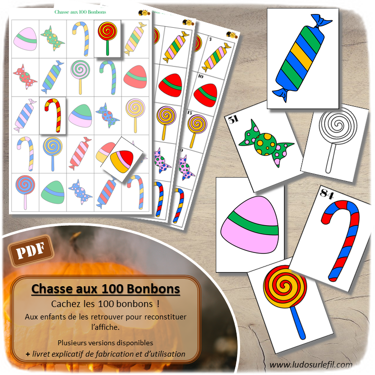 Chasse aux 100 bonbons - Couleurs - jeu à télécharger et à imprimer - Jeu de recherche et de patience - discrimination visuelle - thème Halloween ou pour un anniversaire - lslf