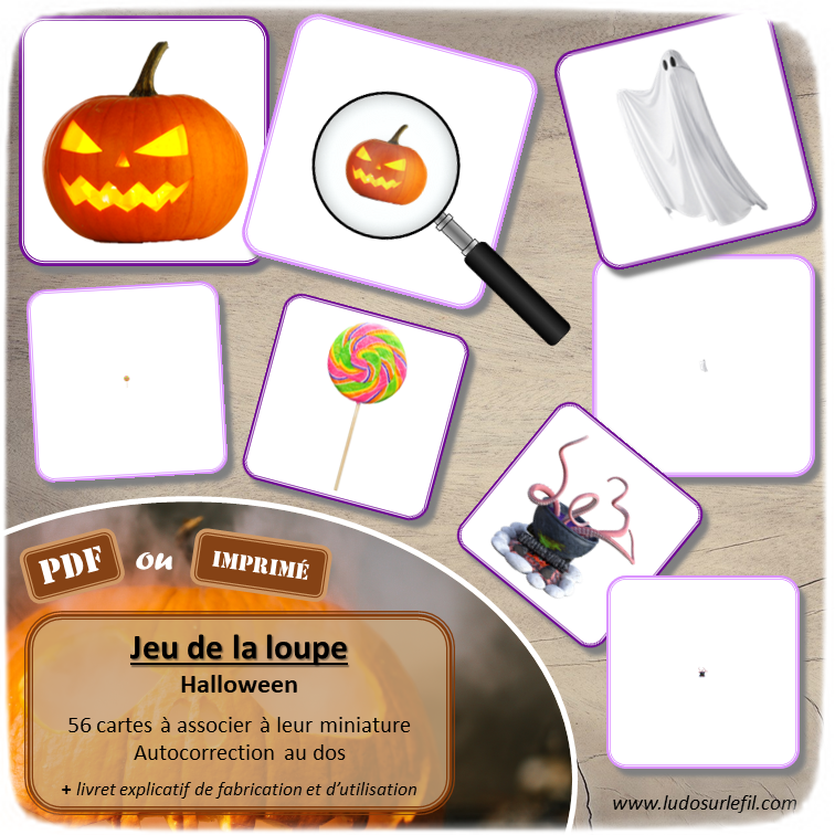 Jeu de la loupe Halloween - Citrouilles, bonbons, animaux, créatures effrayantes... - Photos à associer à leur miniature - Apprendre à utiliser une loupe - Vocabulaire, lexique - document PDF à télécharger et à imprimer ou jeu imprimé - atelier autocorrectif et autonome maternelle - lslf