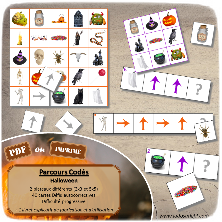 Suis les parcours codés - Halloween - Fête, peur, bonbons, citrouilles, monstres - codage, repérage et vocabulaire spatial - jeu et atelier autonome et autocorrectif Maternelle (Cycle 1) et Primaire (Cycle 2) - Niveaux et difficulté progressifs - PDF à télécharger et à imprimer ou jeu imprimé - difficulté progressive et solutions - lslf