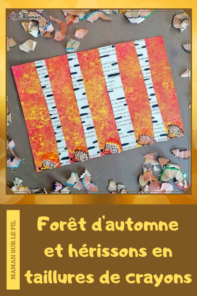 Activité créative et manuelle enfants - Forêt automne en peinture à l'éponge et ses hérissons avec taillures de crayon - Bouleaux avec un vieux livre - Découpage et collage - Dessin et graphisme - Automne et animaux de la forêt - Epluchures, copaux, tailles de crayons de couleurs - Créativité - arts visuels et atelier maternelle et Cycle 1, 2 et 3 - Récup' et recyclage - mslf