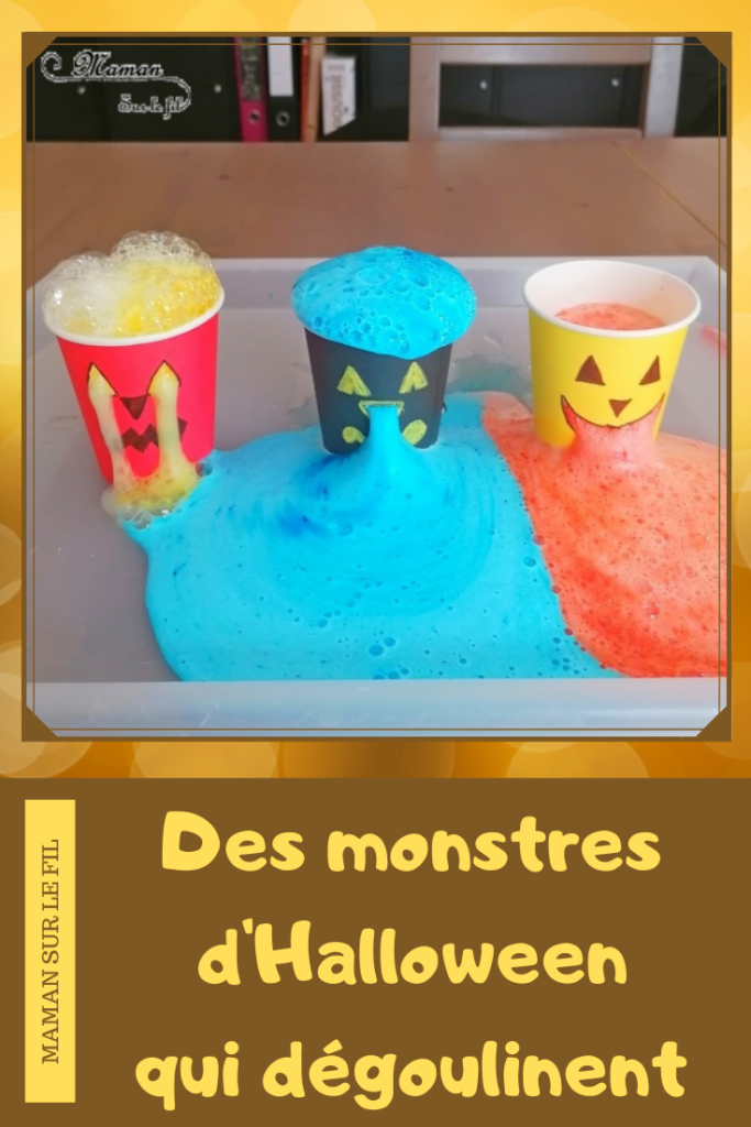 Activité créative et manuelle enfants - Expérience rigolote pour Halloween - Monstres d'Halloween qui dégoulinent avec mélange bicarbonate, vinaigre, colorant et liquide vaisselle - Facile et ludique - Verres en carton - yeux nez et bouche qui coulent - recréer des cerveaux à des verres squelettes - dégoûtant - mslf