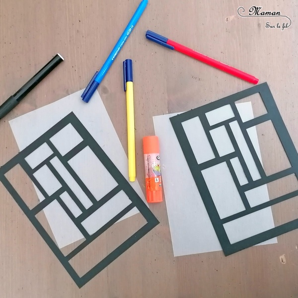 Activité créative et manuelle enfants - Fabriquer un attrape-soleil à la façon de Piet Mondrian - A la manière de - Découpage, coloriage et papier calque - Géométrie - Perpendiculaires et parallèles - Travail sur les couleurs primaires - Découverte d'un artiste - Arts visuels maternelle ou cycle 2 - découverte des pays-bas, de la hollande - tour du monde créatif - géographie - mslf