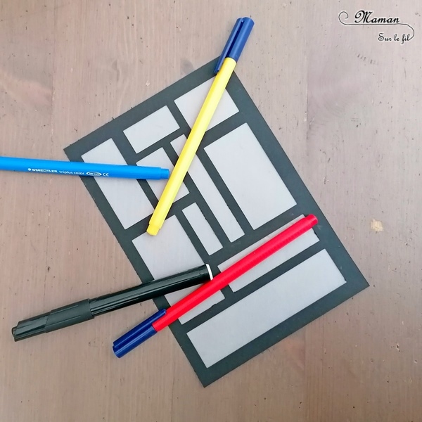 Activité créative et manuelle enfants - Fabriquer un attrape-soleil à la façon de Piet Mondrian - A la manière de - Découpage, coloriage et papier calque - Géométrie - Perpendiculaires et parallèles - Travail sur les couleurs primaires - Découverte d'un artiste - Arts visuels maternelle ou cycle 2 - découverte des pays-bas, de la hollande - tour du monde créatif - géographie - mslf