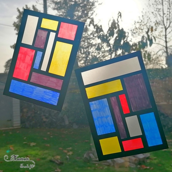 Activité créative et manuelle enfants - Fabriquer un attrape-soleil à la façon de Piet Mondrian - A la manière de - Découpage, coloriage et papier calque - Géométrie - Perpendiculaires et parallèles - Travail sur les couleurs primaires - Découverte d'un artiste - Arts visuels maternelle ou cycle 2 - découverte des pays-bas, de la hollande - tour du monde créatif - géographie - mslf