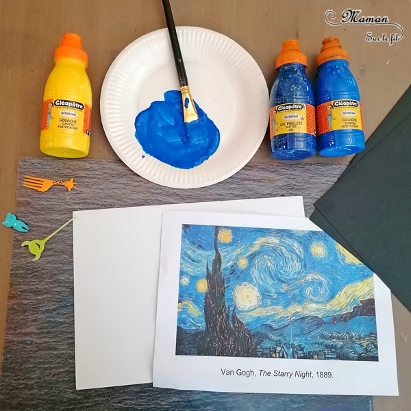 Activité manuelle et créative enfants - Revisiter le tableau La nuit étoilée de Vincent Van Gogh - Peintre hollandais - Peinture à la fourchette et au cure-dent gel pailleté - découpage papier noir - Découpage, collage - Découverte de l'art et d'un artiste - Nuit et étoiles - Créativité - Europe - Pays-Bas, Hollande, Néerlandais - Découverte d'un pays - Espace et géographie - arts visuels Cycle 2 ou 3 - Elémentaire - Tour du monde créatif - mslf