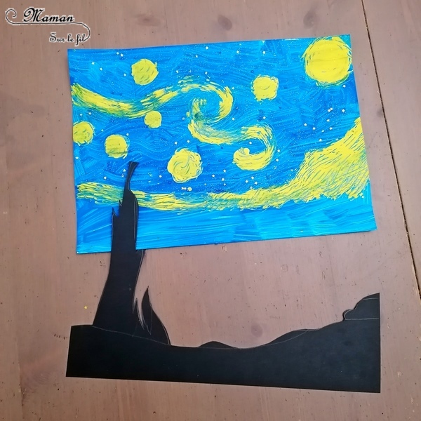 Activité manuelle et créative enfants - Revisiter le tableau La nuit étoilée de Vincent Van Gogh - Peintre hollandais - Peinture à la fourchette et au cure-dent gel pailleté - découpage papier noir - Découpage, collage - Découverte de l'art et d'un artiste - Nuit et étoiles - Créativité - Europe - Pays-Bas, Hollande, Néerlandais - Découverte d'un pays - Espace et géographie - arts visuels Cycle 2 ou 3 - Elémentaire - Tour du monde créatif - mslf