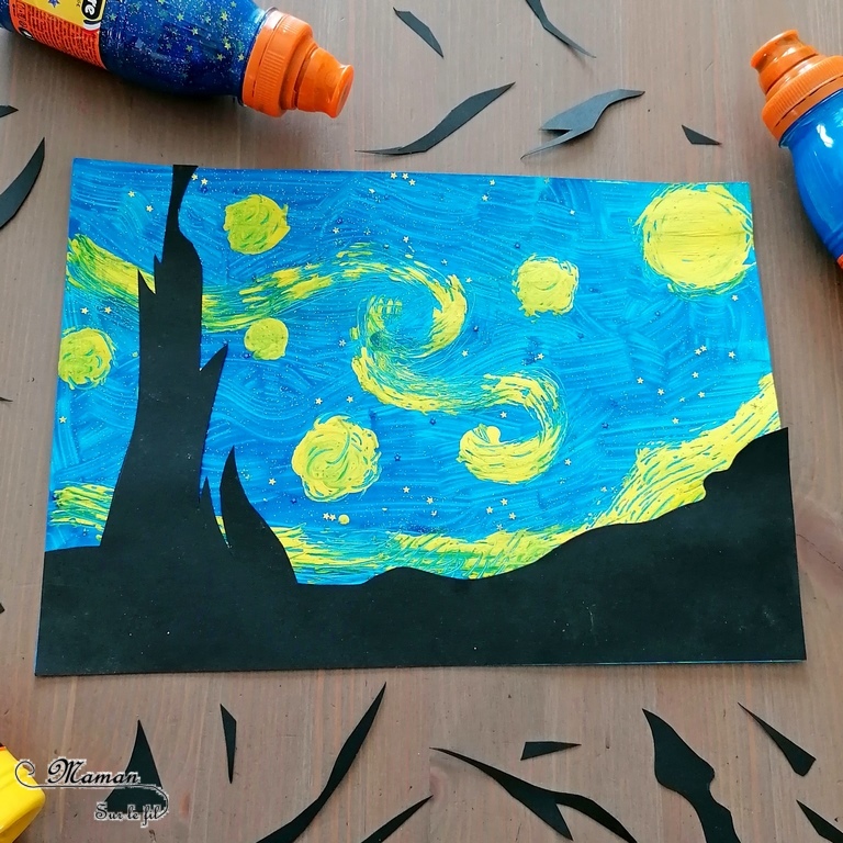 Activité manuelle et créative enfants - Revisiter le tableau La nuit étoilée de Vincent Van Gogh - Peintre hollandais - Peinture à la fourchette et au cure-dent gel pailleté - découpage papier noir - Découpage, collage - Découverte de l'art et d'un artiste - Nuit et étoiles - Créativité - Europe - Pays-Bas, Hollande, Néerlandais - Découverte d'un pays - Espace et géographie - arts visuels Cycle 2 ou 3 - Elémentaire - Tour du monde créatif - mslf