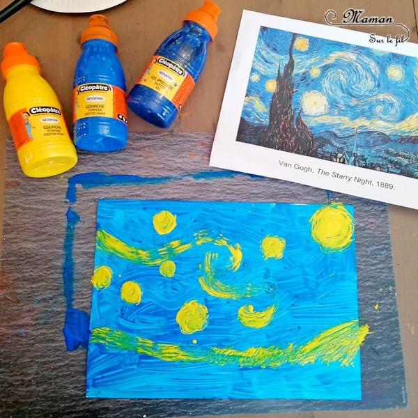 Activité manuelle et créative enfants - Revisiter le tableau La nuit étoilée de Vincent Van Gogh - Peintre hollandais - Peinture à la fourchette et au cure-dent gel pailleté - découpage papier noir - Découpage, collage - Découverte de l'art et d'un artiste - Nuit et étoiles - Créativité - Europe - Pays-Bas, Hollande, Néerlandais - Découverte d'un pays - Espace et géographie - arts visuels Cycle 2 ou 3 - Elémentaire - Tour du monde créatif - mslf