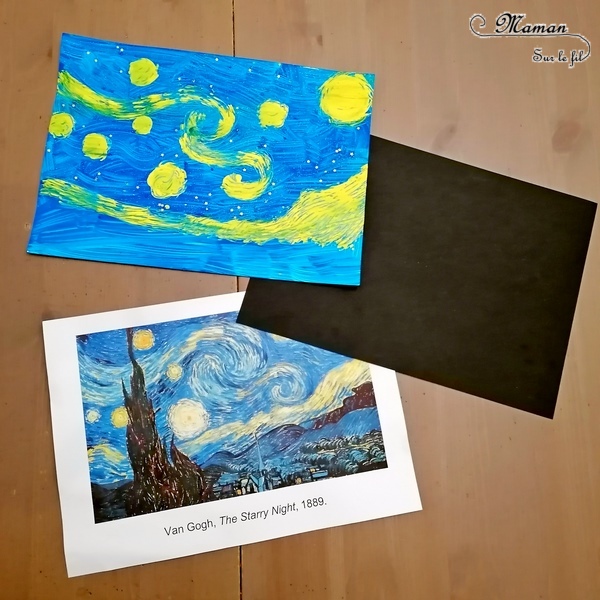 Activité manuelle et créative enfants - Revisiter le tableau La nuit étoilée de Vincent Van Gogh - Peintre hollandais - Peinture à la fourchette et au cure-dent gel pailleté - découpage papier noir - Découpage, collage - Découverte de l'art et d'un artiste - Nuit et étoiles - Créativité - Europe - Pays-Bas, Hollande, Néerlandais - Découverte d'un pays - Espace et géographie - arts visuels Cycle 2 ou 3 - Elémentaire - Tour du monde créatif - mslf