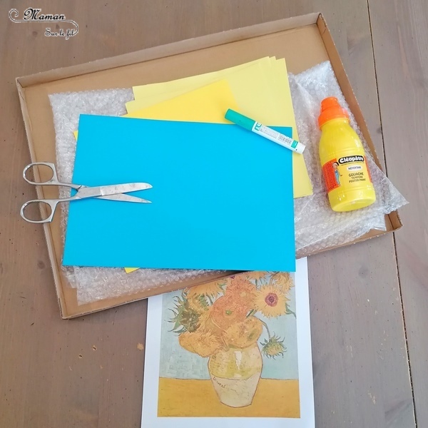 Activité manuelle et créative enfants - Revisiter la série des tableaux Tournesols de Vincent Van Gogh - Peintre hollandais - Découpage, collage, récup' carton, peinture et papier bulle - Découverte de l'art et d'un artiste - Printemps et fleurs - Nature morte - recyclage - Créativité - Europe - Pays-Bas, Hollande, Néerlandais - Découverte d'un pays - Espace et géographie - arts visuels Cycle 1 ou 2 - Maternelle - Tour du monde créatif - mslf