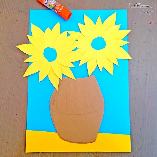 Activité manuelle et créative enfants - Revisiter la série des tableaux Tournesols de Vincent Van Gogh - Peintre hollandais - Découpage, collage, récup' carton, peinture et papier bulle - Découverte de l'art et d'un artiste - Printemps et fleurs - Nature morte - recyclage - Créativité - Europe - Pays-Bas, Hollande, Néerlandais - Découverte d'un pays - Espace et géographie - arts visuels Cycle 1 ou 2 - Maternelle - Tour du monde créatif - mslf