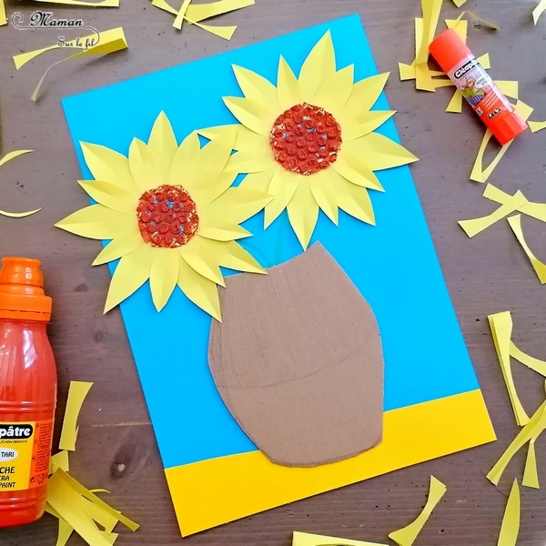 Activité manuelle et créative enfants - Revisiter la série des tableaux Tournesols de Vincent Van Gogh - Peintre hollandais - Découpage, collage, récup' carton, peinture et papier bulle - Découverte de l'art et d'un artiste - Printemps et fleurs - Nature morte - recyclage - Créativité - Europe - Pays-Bas, Hollande, Néerlandais - Découverte d'un pays - Espace et géographie - arts visuels Cycle 1 ou 2 - Maternelle - Tour du monde créatif - mslf