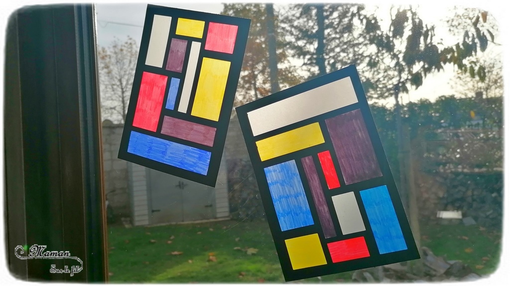 Activité créative et manuelle enfants - Fabriquer un attrape-soleil à la façon de Piet Mondrian - A la manière de - Découpage, coloriage et papier calque - Géométrie - Perpendiculaires et parallèles - Travail sur les couleurs primaires - Découverte d'un artiste - Arts visuels maternelle ou cycle 2 - découverte des pays-bas, de la hollande - tour du monde créatif - géographie - mslf