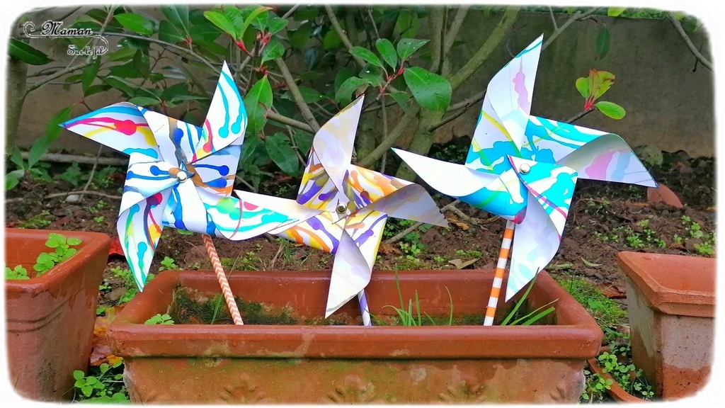 Activité créative et manuelle enfants - Fabriquer des moulins à vent hollandais en papier - décorés à l'encre et l'essoreuse à salade - avec pailles et attaches parisiennes - Bricolage Récup et recyclage - Automne, vent et météo - technique rigolote - Créativité - Europe - Pays-Bas, Hollande, Néerlandais - Découverte d'un pays - Espace et géographie - arts visuels et atelier Cycle 1 ou 2 - Maternelle - mslf