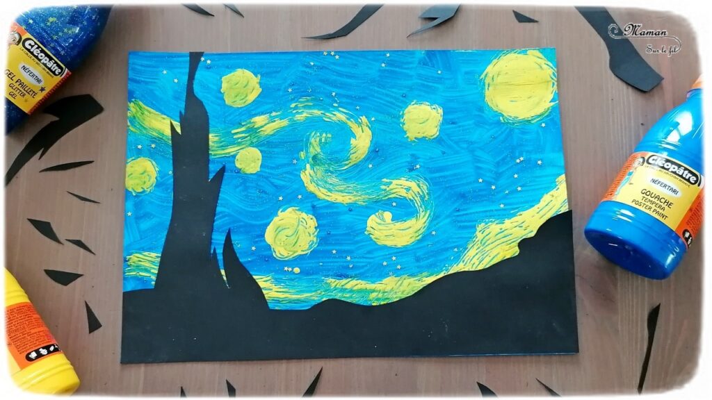 Activité manuelle et créative enfants - Revisiter le tableau La nuit étoilée de Vincent Van Gogh - Peintre hollandais - Peinture à la fourchette et au cure-dent gel pailleté - découpage papier noir - Découpage, collage - Découverte de l'art et d'un artiste - Nuit et étoiles - Créativité - Europe - Pays-Bas, Hollande, Néerlandais - Découverte d'un pays - Espace et géographie - arts visuels Cycle 2 ou 3 - Elémentaire - Tour du monde créatif - mslf